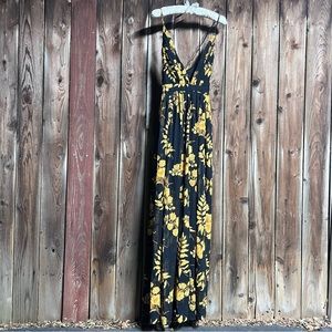 Windsor Plunging Spaghetti Strap Black & Yellow Floral Sheer Maxi Dress Sz M